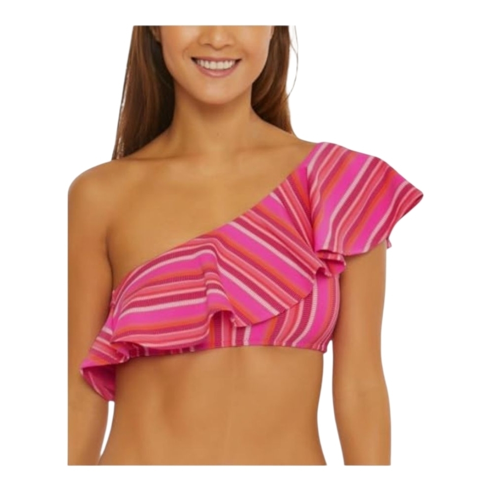 Trina Turk Pink and Orange Striped One-Shoulder Bikini Top, Size 12